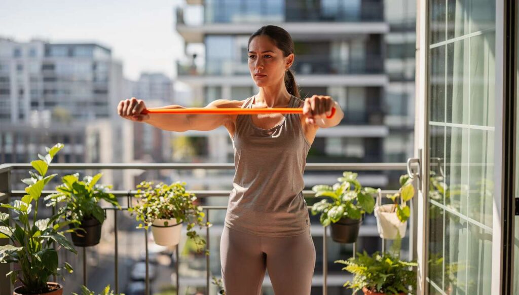 Zamiast siłowni wypróbuj resistance band: 5 ruchów na ramiona, które zrobisz na balkonie