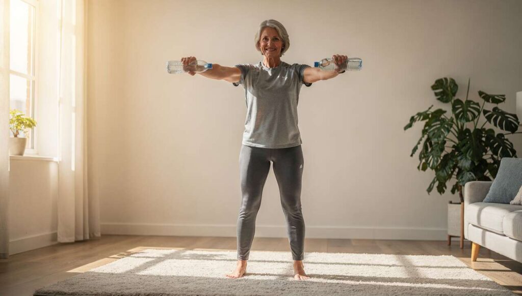 Trening z butelkami wody zamiast hantli: 4 ćwiczenia na ramiona skuteczne po 55-tce